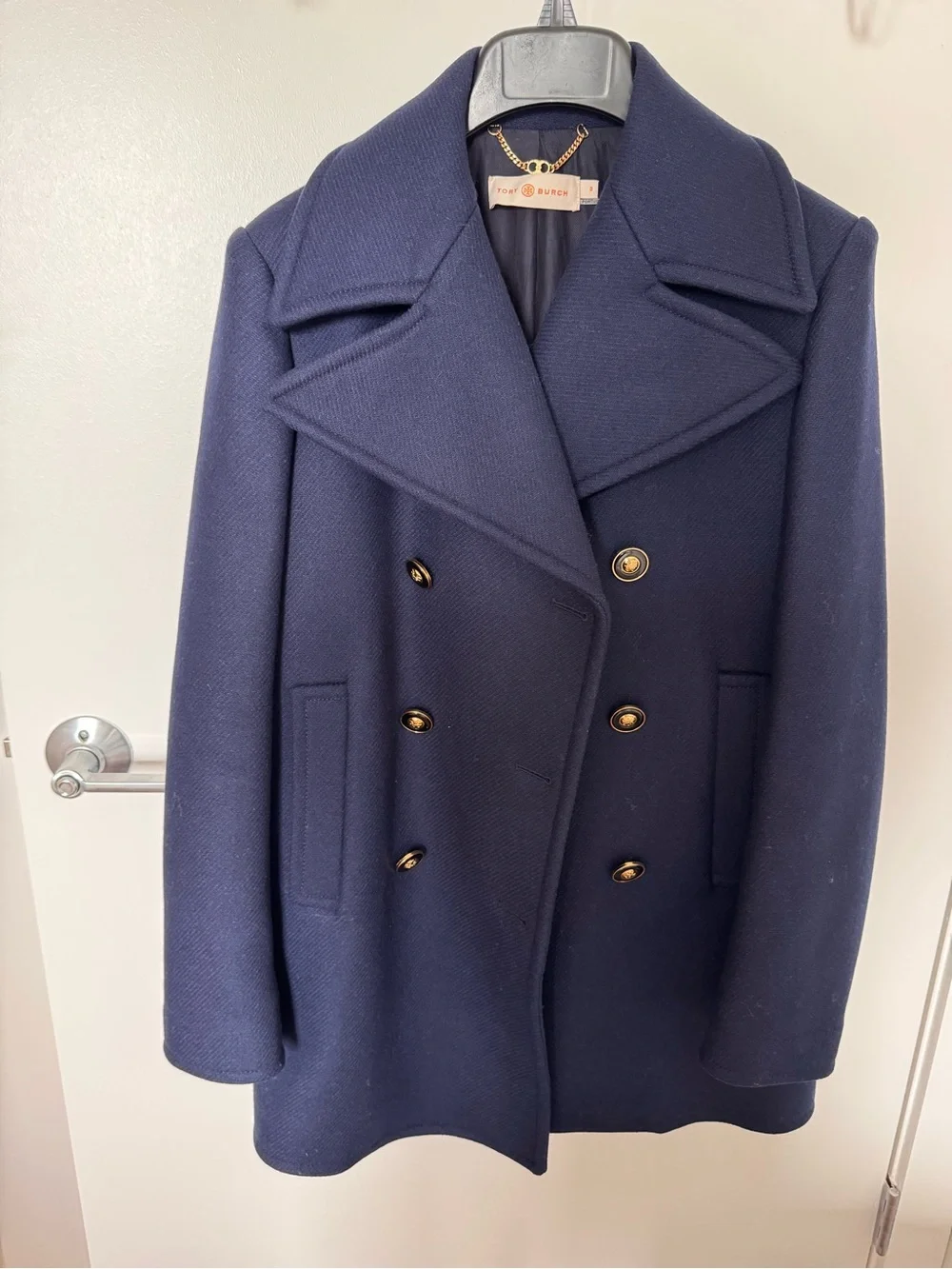 Tory Burch Wool Double Breasted Navy Blue Pea Coat Gold Buttons Pockets Size 0